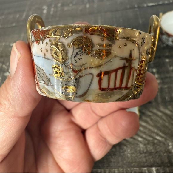 Nippon Hand Painted Double Loop Handle Tub Porcelain Open Salt Cellars Lot Of 6 - Picture 6 of 8